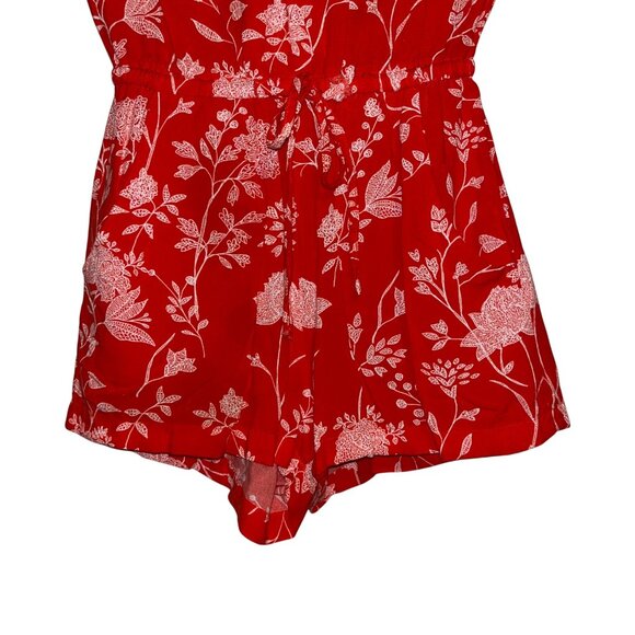 Red Floral Print V-Neck Romper With Drawstring Waist - Picture 5 of 8